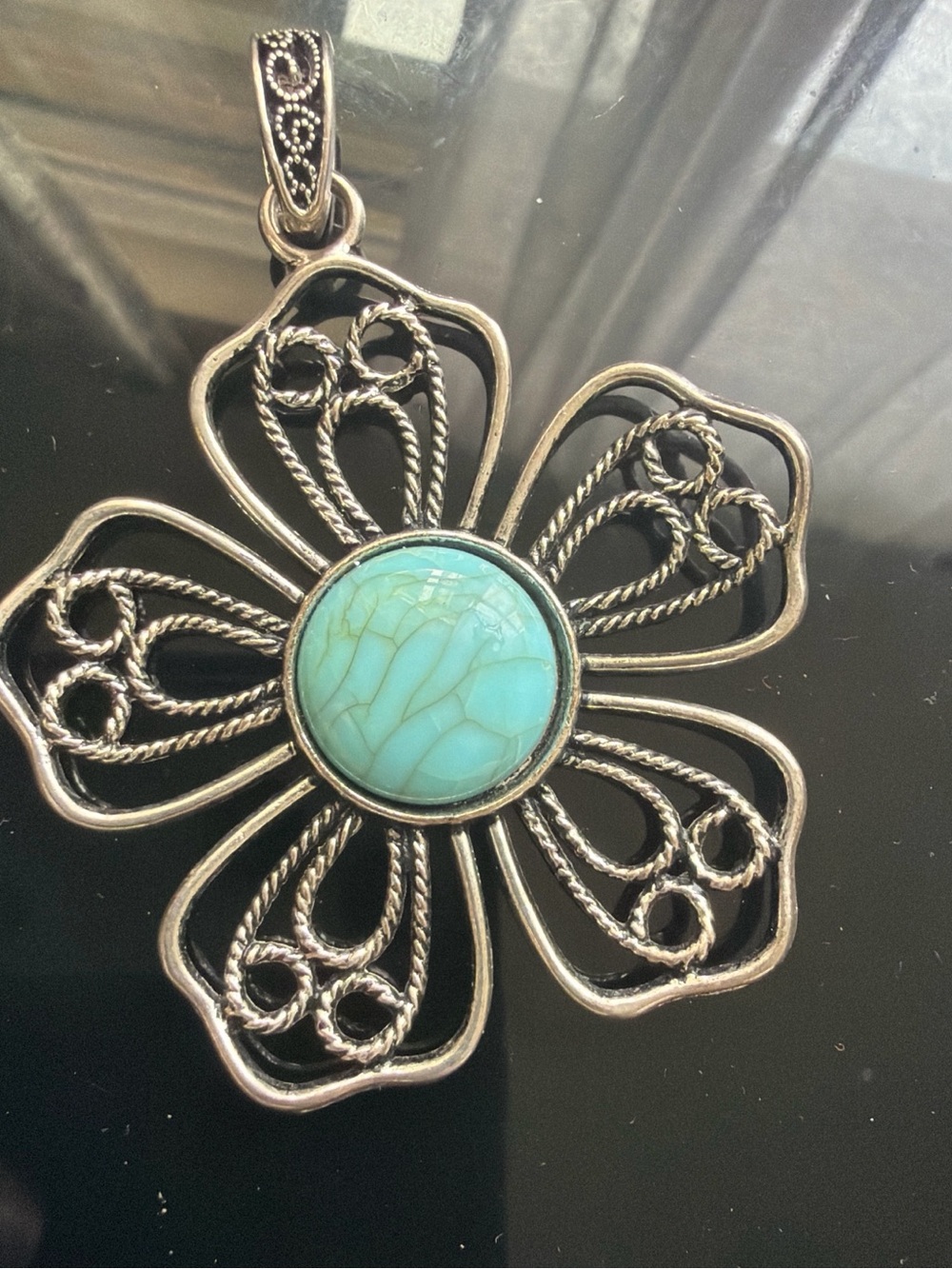 Silver Flower Pendant Necklace with Turquoise Center